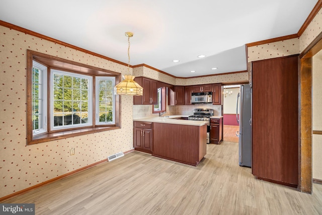 kitchen featuring light hardwood / wood-style flooring, appliances with stainless steel finishes, hanging light fixtures, tasteful backsplash, and ornamental molding