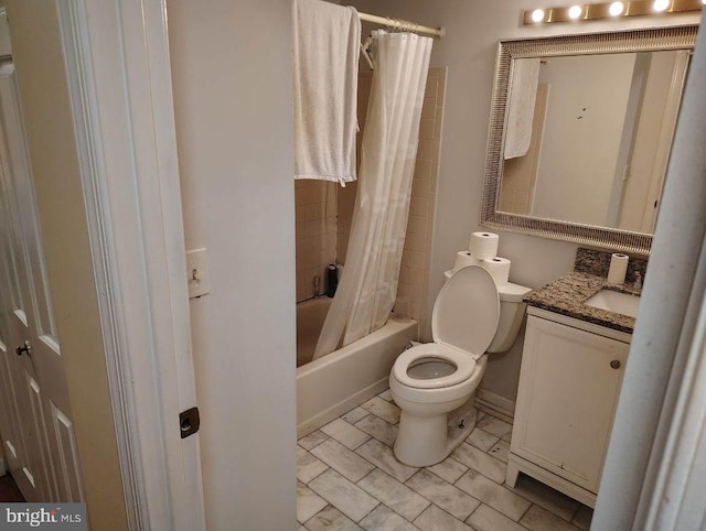 full bathroom with toilet, shower / tub combo, and vanity