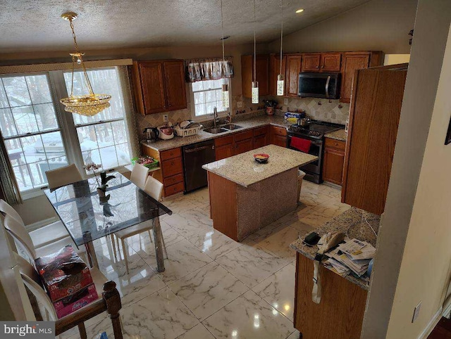 kitchen featuring black dishwasher, stainless steel electric range oven, brown cabinets, marble finish floor, and a sink