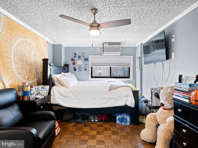 bedroom featuring dark parquet floors, a wall unit AC, ceiling fan, and ornamental molding