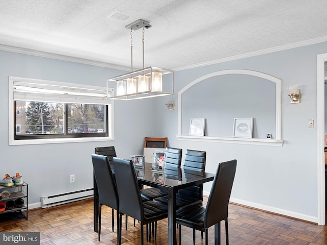 dining room with a textured ceiling, dark parquet floors, a baseboard radiator, and ornamental molding