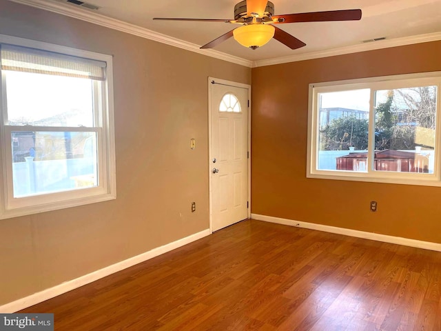 foyer featuring hardwood / wood-style flooring, ceiling fan, ornamental molding, and a wealth of natural light