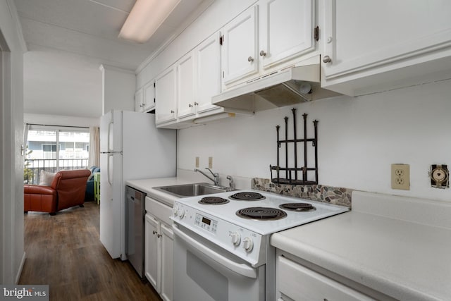 kitchen with sink, white cabinets, and white range with electric cooktop