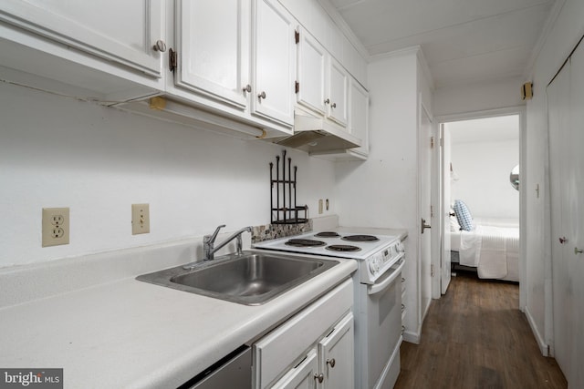 kitchen with sink, electric stove, crown molding, and white cabinetry