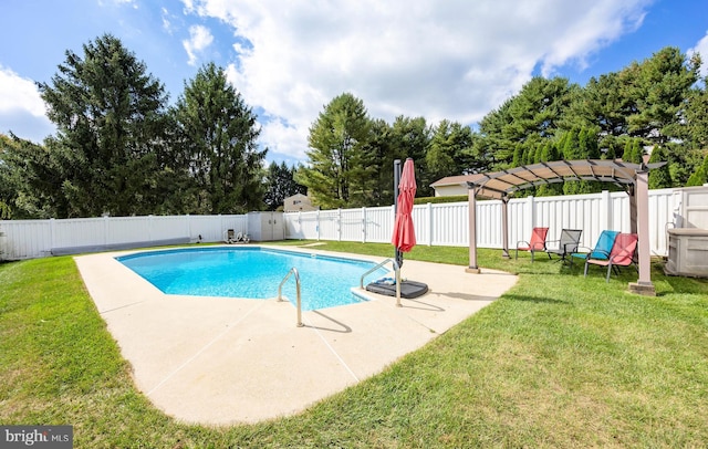 view of pool with a pergola, a patio, and a lawn