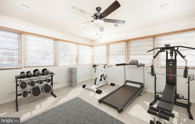 workout room featuring light carpet, ceiling fan, and crown molding