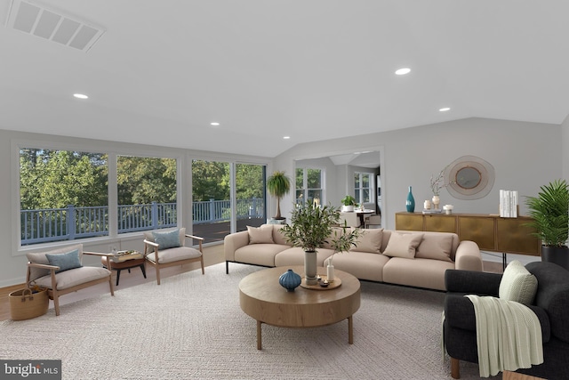 living room featuring hardwood / wood-style floors and lofted ceiling