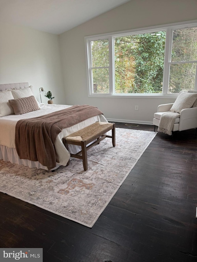 bedroom with hardwood / wood-style floors and lofted ceiling