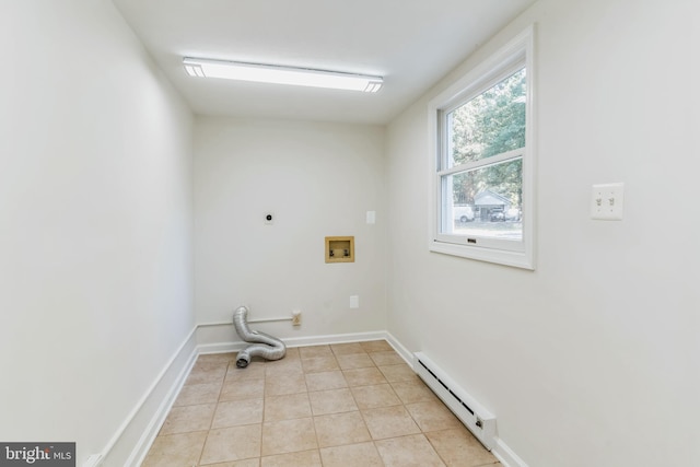 laundry room featuring washer hookup, a baseboard radiator, light tile patterned floors, and electric dryer hookup