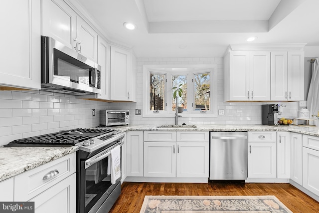 kitchen featuring stainless steel appliances, a raised ceiling, dark wood-type flooring, and white cabinetry