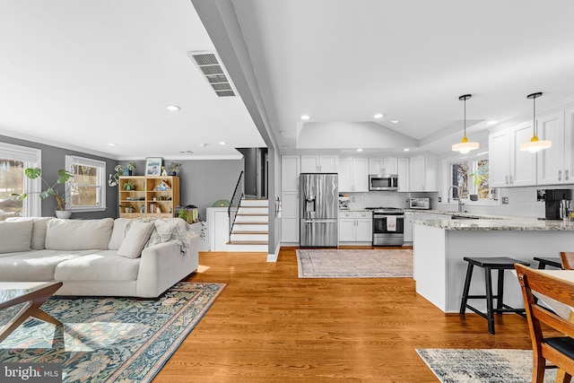 living room featuring ornamental molding, plenty of natural light, vaulted ceiling, and light hardwood / wood-style flooring