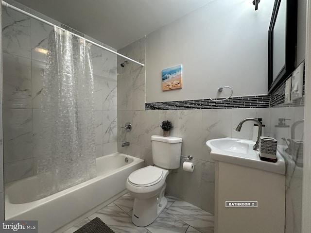 full bathroom with shower / bath combination with curtain, toilet, tile walls, and vanity