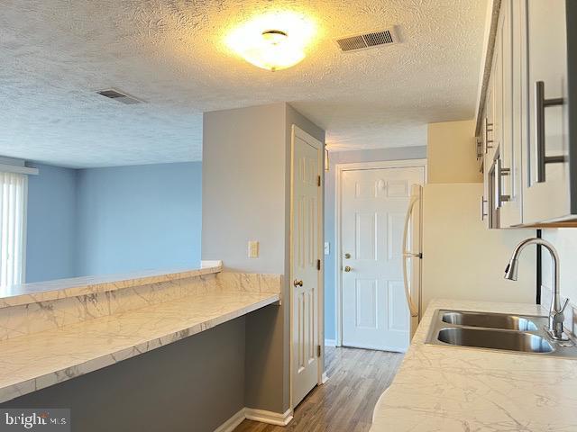 kitchen featuring sink, hardwood / wood-style floors, and a textured ceiling