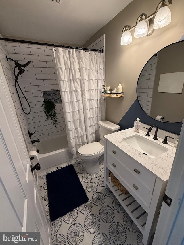 full bathroom with tile patterned flooring, vanity, toilet, and shower / bathtub combination with curtain