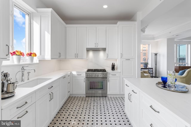 kitchen featuring high end stove, white cabinetry, sink, decorative backsplash, and crown molding