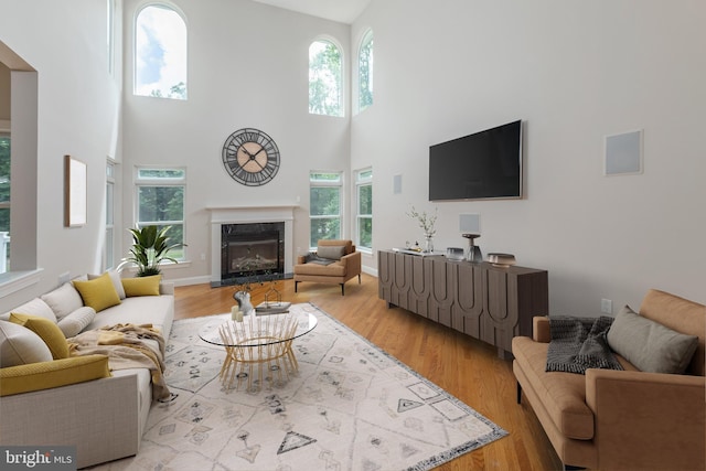 living room with a premium fireplace, a towering ceiling, and light hardwood / wood-style floors