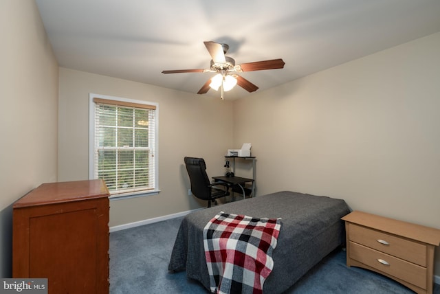 bedroom with ceiling fan and dark carpet