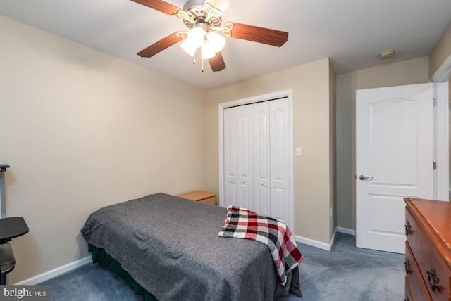 bedroom featuring carpet flooring, ceiling fan, and a closet