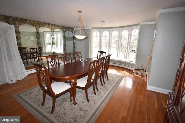 dining area featuring a baseboard radiator and hardwood / wood-style floors