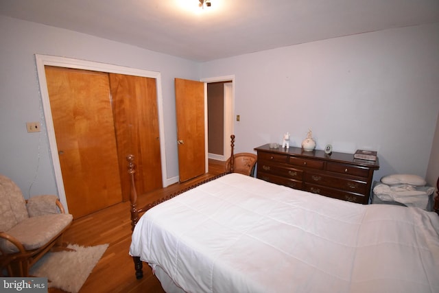 bedroom with hardwood / wood-style floors and a closet