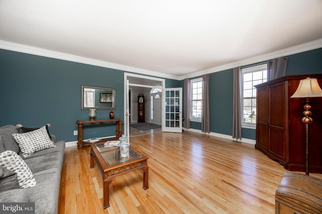 living room featuring light hardwood / wood-style floors and ornamental molding