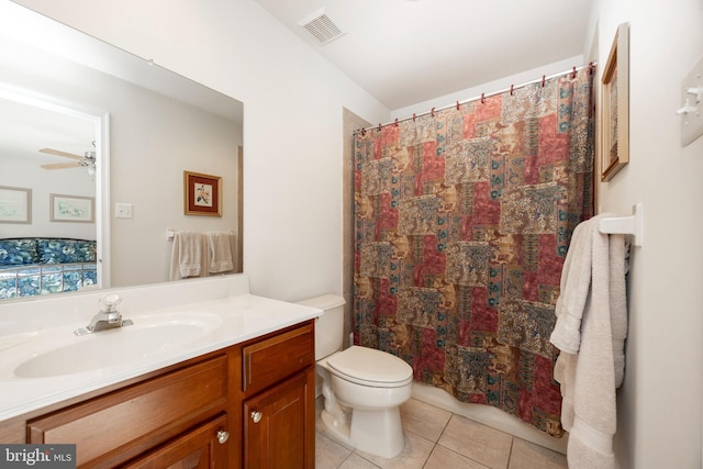 bathroom featuring tile patterned flooring, vanity, ceiling fan, and toilet