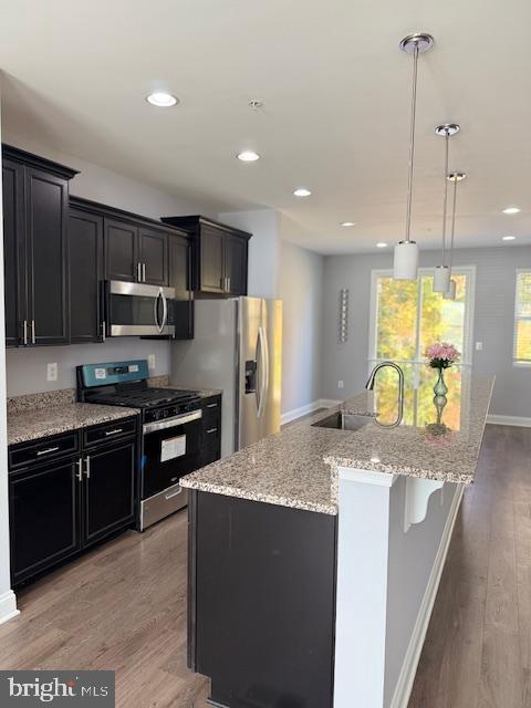 kitchen featuring appliances with stainless steel finishes, sink, pendant lighting, hardwood / wood-style floors, and an island with sink