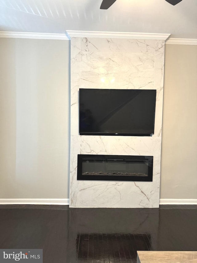 interior details with ornamental molding and a fireplace
