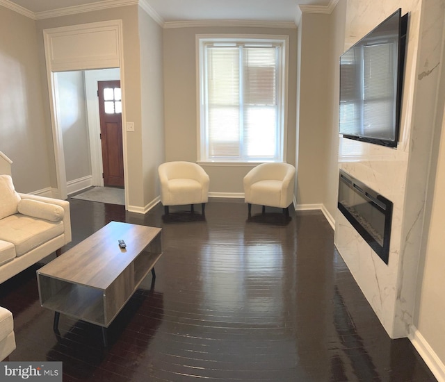 living room with dark wood-type flooring, ornamental molding, and a high end fireplace