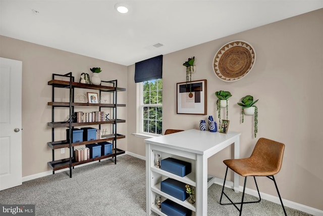 home office featuring light colored carpet