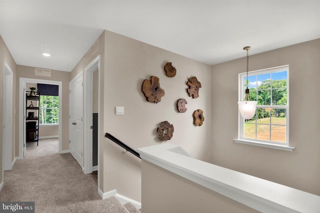 hallway featuring light carpet and plenty of natural light