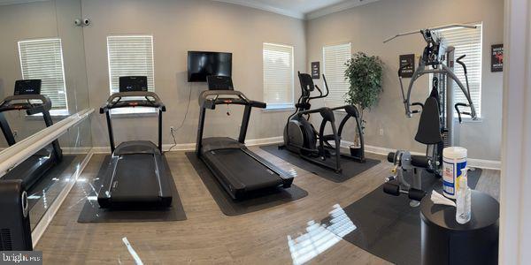 workout area with dark hardwood / wood-style floors, ornamental molding, and a wealth of natural light