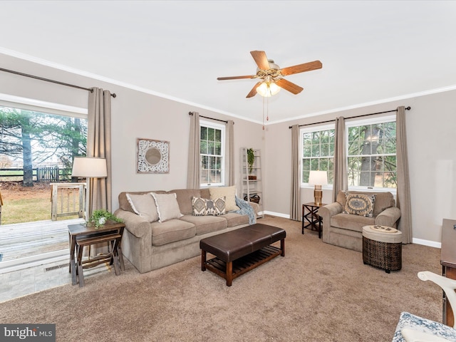 carpeted living room featuring ornamental molding, ceiling fan, and a healthy amount of sunlight