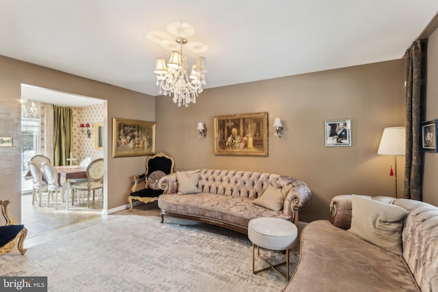 living room with a notable chandelier