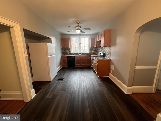 kitchen featuring electric stove, decorative backsplash, ceiling fan, black dishwasher, and white fridge