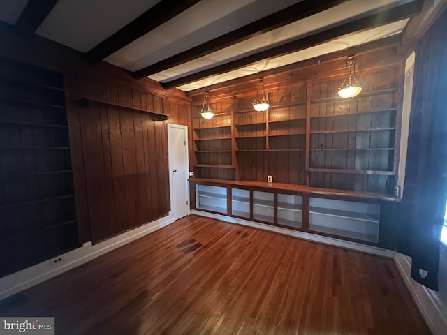 spare room featuring beamed ceiling, built in shelves, hardwood / wood-style floors, and wooden walls