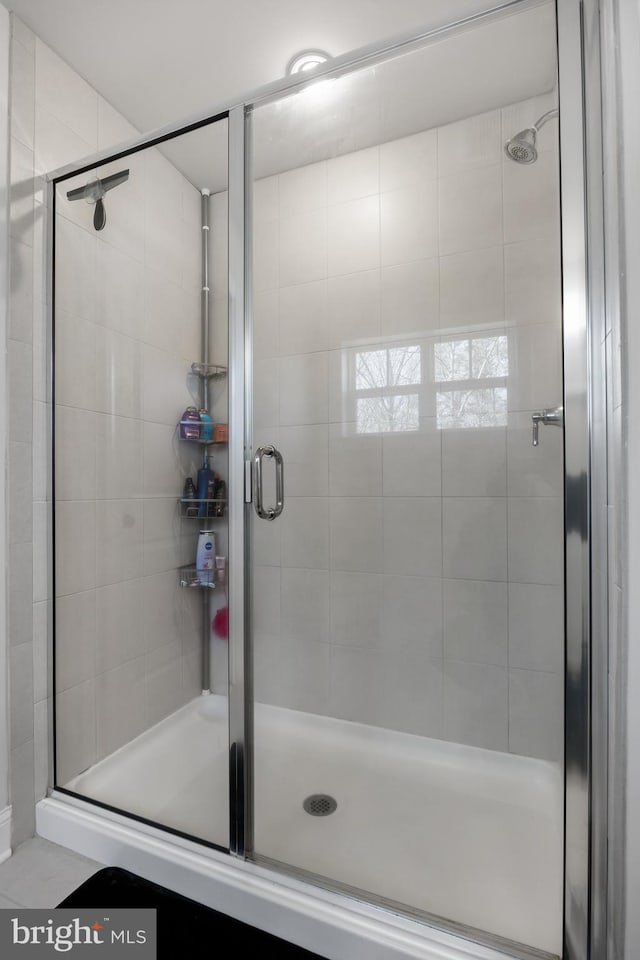 bathroom featuring a shower with door