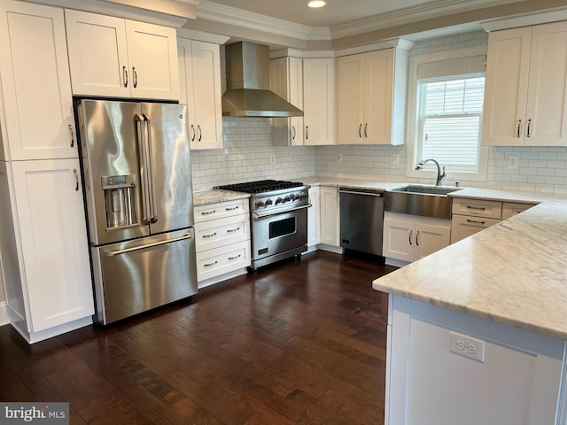 kitchen with white cabinets, sink, wall chimney exhaust hood, decorative backsplash, and stainless steel appliances