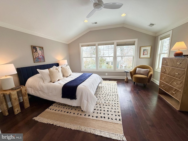 bedroom with multiple windows, ceiling fan, lofted ceiling, and ornamental molding