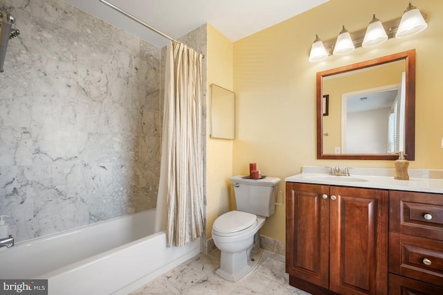 bathroom featuring toilet, vanity, baseboards, marble finish floor, and shower / bath combo with shower curtain