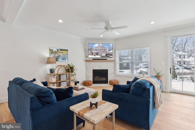 living room with light wood-type flooring, a fireplace, and ornamental molding