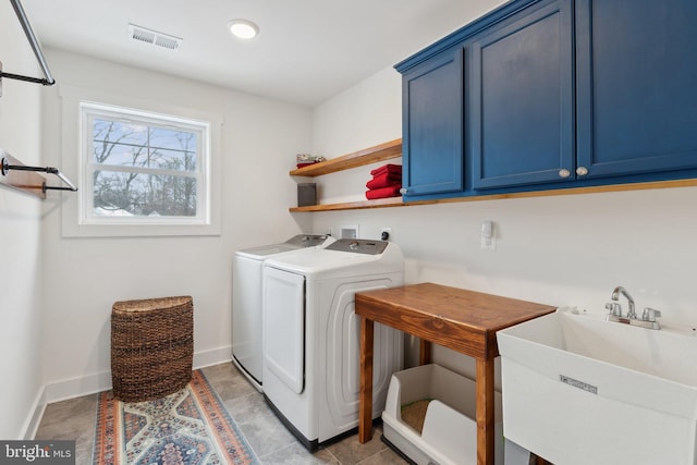 washroom featuring washer and clothes dryer, sink, and cabinets