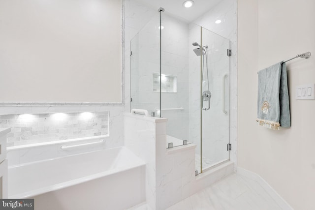 bathroom with independent shower and bath and tile patterned flooring