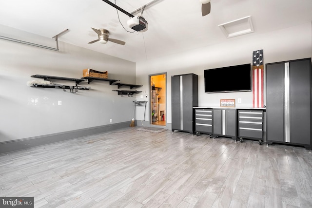 garage featuring ceiling fan and a garage door opener