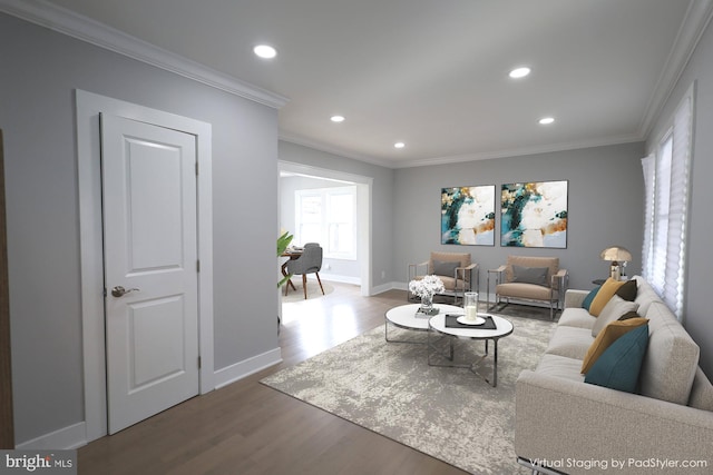 living room with wood-type flooring and ornamental molding