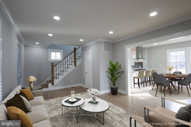 living room featuring a wealth of natural light, crown molding, and light hardwood / wood-style flooring