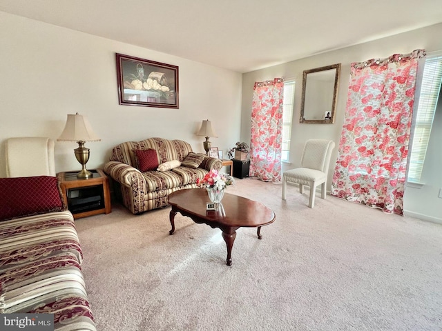 living room featuring light carpet