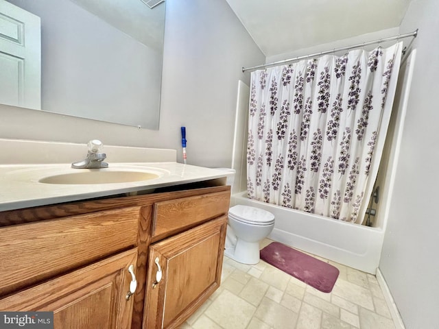 full bathroom with vaulted ceiling, vanity, shower / bath combo, and toilet