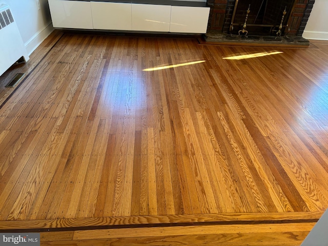 room details with hardwood / wood-style floors, radiator heating unit, and a brick fireplace