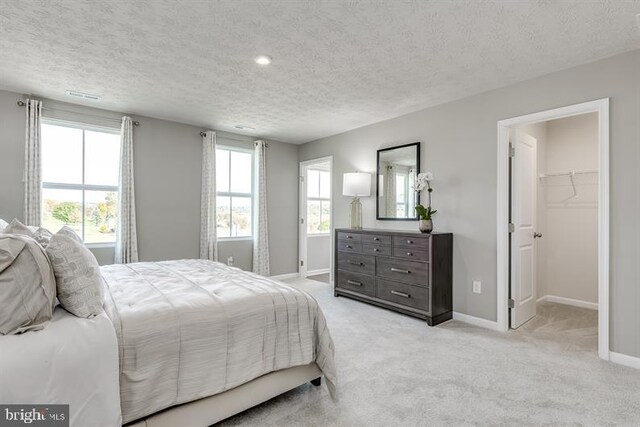 carpeted bedroom with a textured ceiling, a spacious closet, and a closet